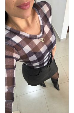 Body Tule Transparência Xadrez - PRETO/BRANCO - 64... - Madame Chérie