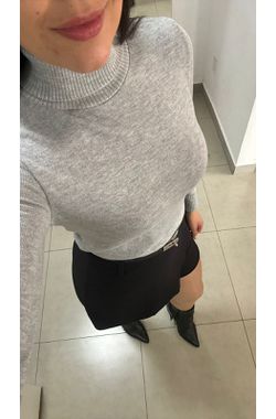 Blusa Manga Longa Tricot Gola Alta - CINZA - 70126 - Madame Chérie