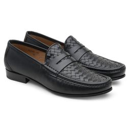 Mocassim Masculino de Couro Tressê Preto Gj03 Solado De Couro