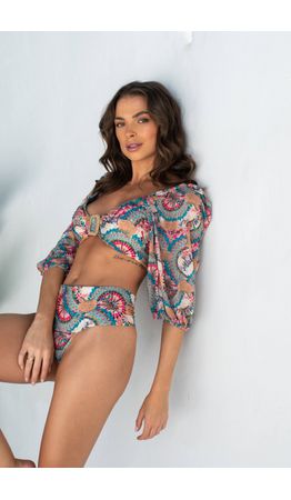 TOP MANGA BUFANTE FIVELA SISAL MANDALAS E CALCINHA...