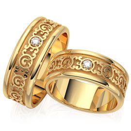 Aliança de Casamento Trabalhada Arabescos e Circulos com Diamantes - Ouro 18k - Helder Joalheiros