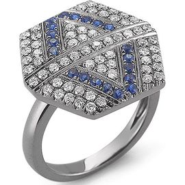 Anel Hexagon Cravejado c/ Diamantes e Safira Azul - Helder Joalheiros