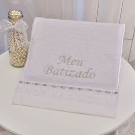 Toalha Bebê Meu Batizado de Felpa Cinza - TexNew Bebê