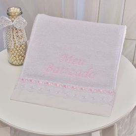 Toalha Bebê Meu Batizado de Felpa Rosa - TexNew Bebê