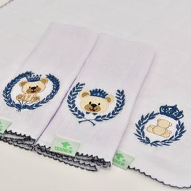 Paninho de Boca Bebê Fralda Ursinhos Com Coroa Marinho 3 Peças - TexNew Bebê