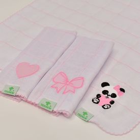 Paninho de Boca Bebê Fralda Ursinha Panda Com Laço Rosa 3 Peças - TexNew Bebê