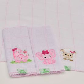 Paninho de Boca Bebê Fralda Bichinhos Rosa 3 Peças - TexNew Bebê