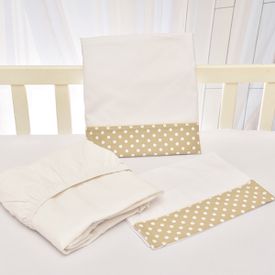 Jogo de Lençol Bebê de Percal Soft 150 Com Fita Bolinha Bege 3 Peças - TexNew Bebê