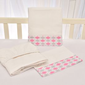 Jogo de Lençol Bebê de Percal Soft 150 Com Fita Escócia Rosa 3 Peças... - TexNew Bebê