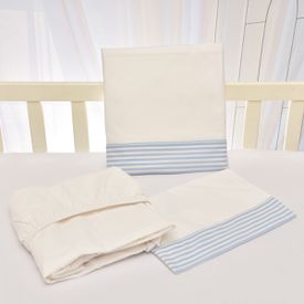 Jogo de Lençol Bebê de Percal Soft 150 Com Fita Listrinhas Azul 3 Peça... - TexNew Bebê