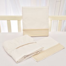 Jogo de Lençol Bebê de Percal Soft 150 Com Fita Listrinha Bege 3 Peças... - TexNew Bebê