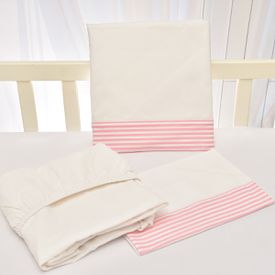 Jogo de Lençol Bebê de Percal Soft 150 Com Fita Listrinha Rosa 3 Peças... - TexNew Bebê