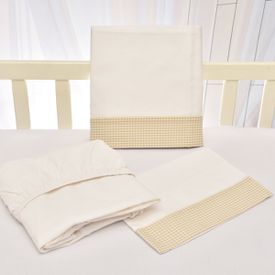 Jogo de Lençol Bebê de Percal Soft 150 Com Fita Xadrez Bege 3 Peças - TexNew Bebê