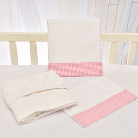 Jogo de Lençol Bebê de Percal Soft 150 Com Fita Xadrez Rosa 3 Peças - TexNew Bebê
