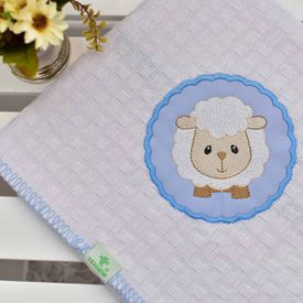 Manta Bebê Piquet Carneirinho Moldura Azul - TexNew Bebê