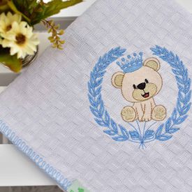 Manta Bebê Piquet Ursinho Com Coroa Azul - TexNew Bebê