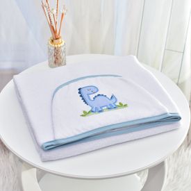 Toalha Bebê Retangular GG Com Forro e Capuz Dino Azul - TexNew Bebê