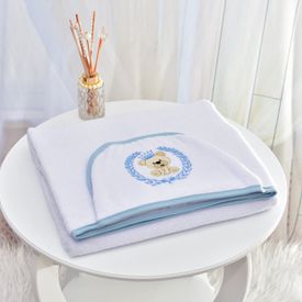 Toalha Bebê Retangular GG Com Forro e Capuz Ursinho Coroa Azul - TexNew Bebê