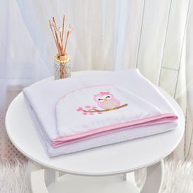 Toalha Bebê Retangular GG Com Forro e Capuz Corujinha Rosa - TexNew Bebê
