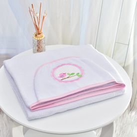 Toalha Bebê Retangular GG Com Forro e Capuz Passarinho Moldura Rosa - TexNew Bebê