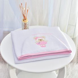 Toalha Bebê Retangular GG Com Forro e Capuz Ursinha Bailarina Rosa - TexNew Bebê