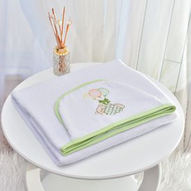 Toalha Bebê Retangular GG Com Forro e Capuz Ursinho Com Bexiga Verde - TexNew Bebê
