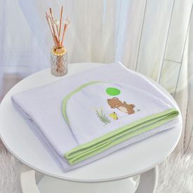 Toalha Bebê Retangular GG Com Forro e Capuz Ursinho e Patinho Verde - TexNew Bebê