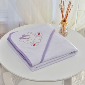 Toalha Bebê Quadrada Modinha Com Forro e Capuz Ursinha de Laço Lilás - TexNew Bebê