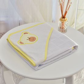 Toalha Bebê Quadrada Com Forro e Capuz Urso Rostinho Amarelo - TexNew Bebê