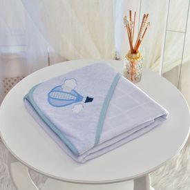Toalha Bebê Quadrada Com Forro e Capuz Balãozinho Azul - TexNew Bebê