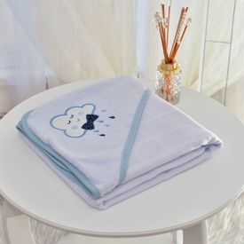 Toalha Bebê Quadrada Com Forro e Capuz Nuvem Azul - TexNew Bebê