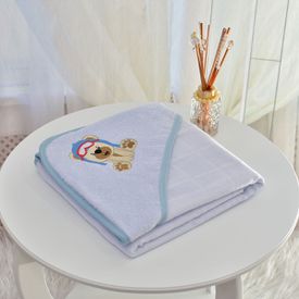 Toalha Bebê Quadrada Com Forro e Capuz Ursinho Aviador Azul - TexNew Bebê