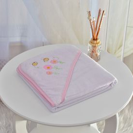 Toalha Bebê Quadrada Com Forro e Capuz Flores Com Abelhinhas Rosa - TexNew Bebê