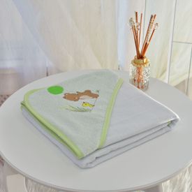 Toalha Bebê Quadrada Com Forro e Capuz Ursinho e Patinho Verde - TexNew Bebê