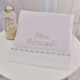 Toalha Bebê Meu Batizado de Felpa Cinza - TexNew Bebê