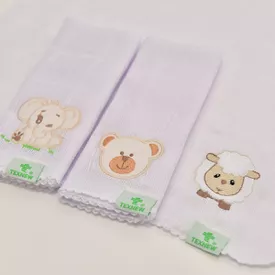 Paninho de Boca Bebê Fralda Bichinhos Branco 3 Peças - TexNew Bebê
