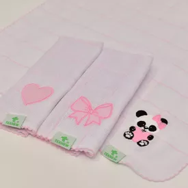 Paninho de Boca Bebê Fralda Ursinha Panda Com Laço Rosa 3 Peças - TexNew Bebê