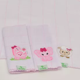 Paninho de Boca Bebê Fralda Bichinhos Rosa 3 Peças - TexNew Bebê