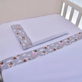 Jogo de Lençol Bebê de Malha Com Fita Fadas Rosa e Cinza 3 Peças - TexNew Bebê