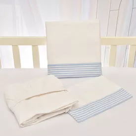 Jogo de Lençol Bebê de Percal Soft 150 Com Fita Listrinhas Azul 3 Peça... - TexNew Bebê