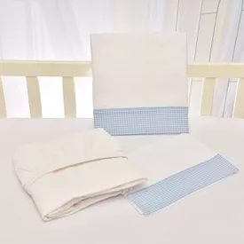 Jogo de Lençol Bebê de Percal Soft 150 Com Fita Xadrez Azul 3 Peças - TexNew Bebê