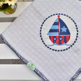 Manta Bebê Piquet Barquinho Moldura Marinho - TexNew Bebê