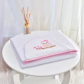 Toalha Bebê Retangular GG Com Forro e Capuz Corujinha Rosa - TexNew Bebê