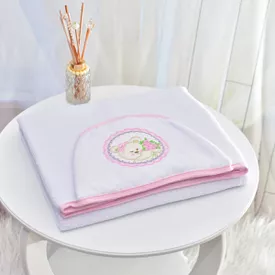 Toalha Bebê Retangular GG Com Forro e Capuz Ursinha Moldura Rosa - TexNew Bebê