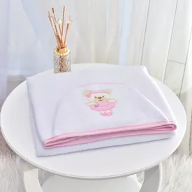 Toalha Bebê Retangular GG Com Forro e Capuz Ursinha Bailarina Rosa - TexNew Bebê