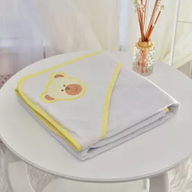 Toalha Bebê Quadrada Com Forro e Capuz Urso Rostinho Amarelo - TexNew Bebê
