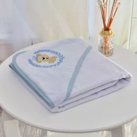 Toalha Bebê Quadrada Com Forro e Capuz Ursinho Com Coroa Azul - TexNew Bebê