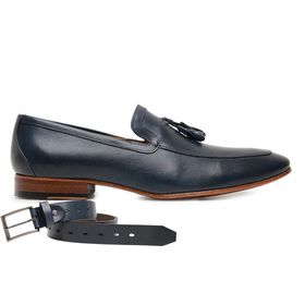Sapato Social Azul Navy Bambolim em Couro + Cinto ... - MADOK