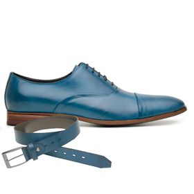 Sapato Social Couro Azul SKY + Cinto de Couro - 87... - MADOK