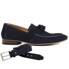 Sapato Social Azul Marinho Bambolim em Couro + Cin... - MADOK